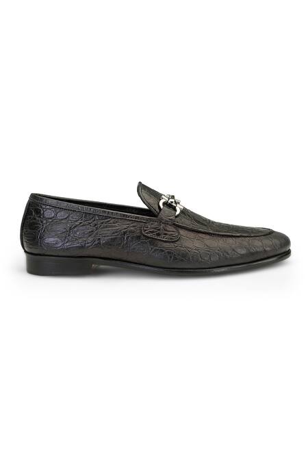 Buy_Shutiq_Black Textured Baoli Gator Coal Leather Shoes _Online_at_Aza_Fashions
