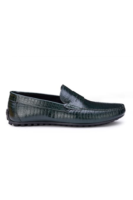 Buy_Shutiq_Green Textured Baran Croco Leather Loafers _Online_at_Aza_Fashions