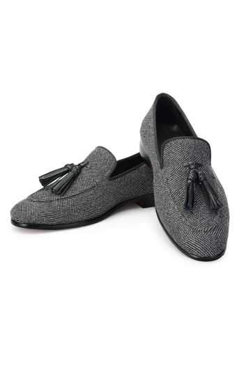Buy SHUTIQ Black Embellished Kiltie Tweed Coal Slip-on Loafers at Aza Fashions Buy_SHUTIQ_Black Embellished Kiltie Tweed Coal Slip-on Loafers _at_Aza_Fashions