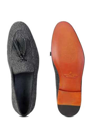 Shop SHUTIQ Black Embellished Kiltie Tweed Coal Slip-on Loafers at Aza Fashions Shop_SHUTIQ_Black Embellished Kiltie Tweed Coal Slip-on Loafers _at_Aza_Fashions