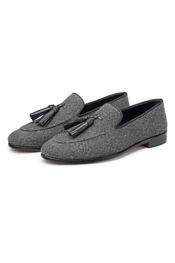 SHUTIQ Black Embellished Kiltie Tweed Coal Slip-on Loafers Online at Aza Fashions SHUTIQ_Black Embellished Kiltie Tweed Coal Slip-on Loafers _Online_at_Aza_Fashions