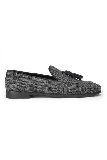 Buy SHUTIQ Black Embellished Kiltie Tweed Coal Slip-on Loafers Online at Aza Fashions Buy_SHUTIQ_Black Embellished Kiltie Tweed Coal Slip-on Loafers _Online_at_Aza_Fashions