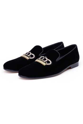 SHUTIQ_Black Hand Embroidered Velvet Loafers _Online_at_Aza_Fashions