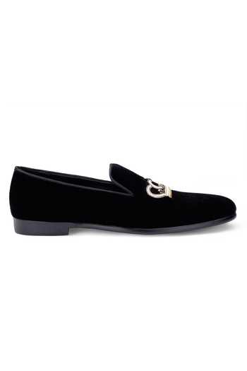 Buy_SHUTIQ_Black Hand Embroidered Velvet Loafers _Online_at_Aza_Fashions