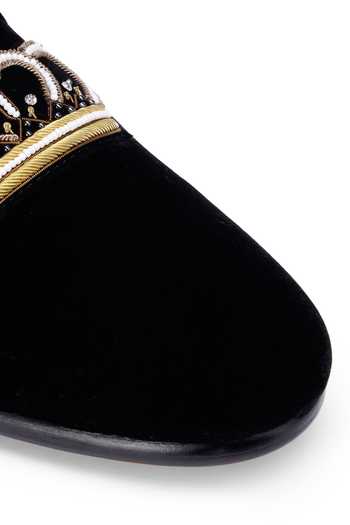 Shop_SHUTIQ_Black Hand Embroidered Velvet Loafers _Online_at_Aza_Fashions