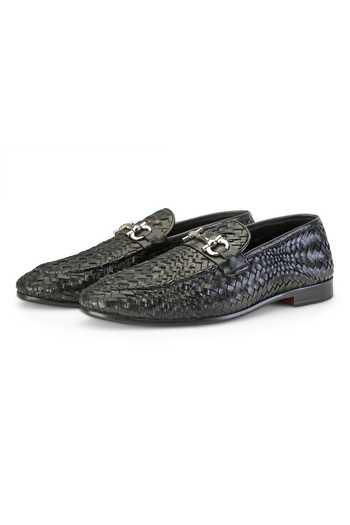 SHUTIQ_Black Textured Manalo Horsebit Woven Leather Shoes _Online_at_Aza_Fashions