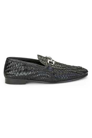 Buy_SHUTIQ_Black Textured Manalo Horsebit Woven Leather Shoes _Online_at_Aza_Fashions