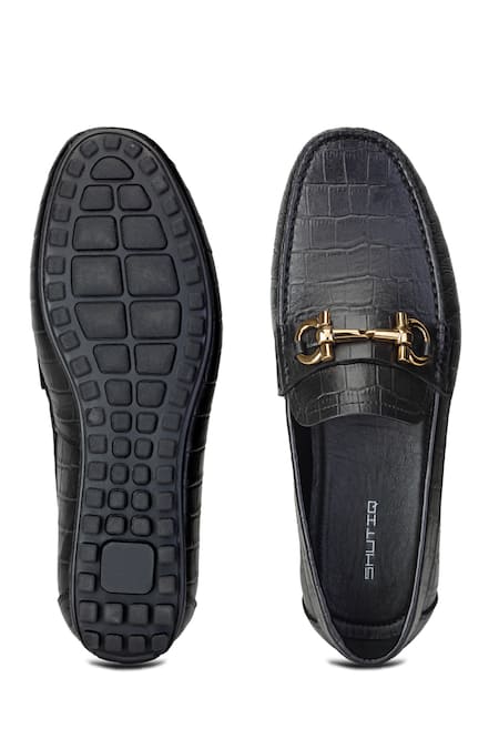 Shop Shutiq Black Figo Croco Textured Loafers at Aza Fashions Shop_Shutiq_Black Figo Croco Textured Loafers _at_Aza_Fashions