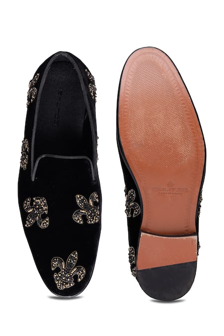 Shop Shutiq Black Beads Fleur De Lis Embellished Velvet Loafers at Aza Fashions Shop_Shutiq_Black Beads Fleur De Lis Embellished Velvet Loafers _at_Aza_Fashions