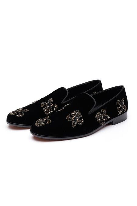 Shutiq Black Beads Fleur De Lis Embellished Velvet Loafers Online at Aza Fashions Shutiq_Black Beads Fleur De Lis Embellished Velvet Loafers _Online_at_Aza_Fashions