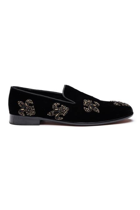 Buy Shutiq Black Beads Fleur De Lis Embellished Velvet Loafers Online at Aza Fashions Buy_Shutiq_Black Beads Fleur De Lis Embellished Velvet Loafers _Online_at_Aza_Fashions