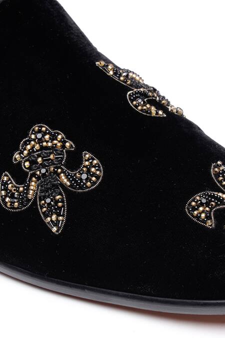 Shop Shutiq Black Beads Fleur De Lis Embellished Velvet Loafers Online at Aza Fashions Shop_Shutiq_Black Beads Fleur De Lis Embellished Velvet Loafers _Online_at_Aza_Fashions