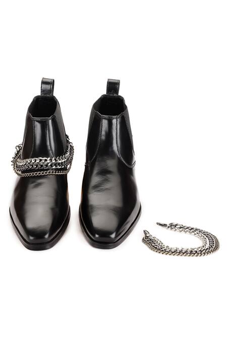 Shop_Shutiq_Black Chain Gauche Detachable Embellished Boots _Online_at_Aza_Fashions