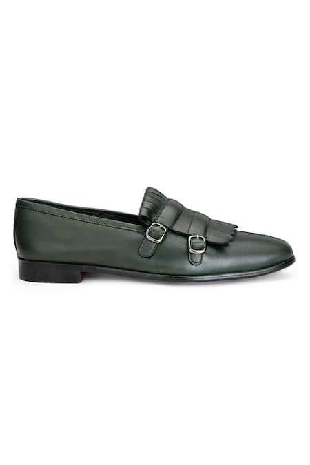 Shutiq Green Fringes Double Monk Leather Shoes Online at Aza Fashions Shutiq_Green Fringes Double Monk Leather Shoes _Online_at_Aza_Fashions