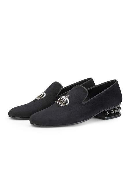 Shutiq Black Crown Guam Embroidered Slip On Velvet Shoes Online at Aza Fashions Shutiq_Black Crown Guam Embroidered Slip On Velvet Shoes _Online_at_Aza_Fashions
