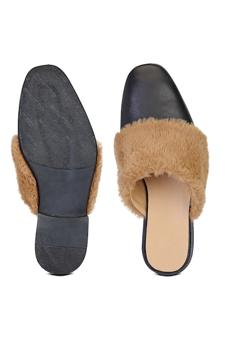 Shop Shutiq Black Fur Heriz Embellished Leather Mules at Aza Fashions Shop_Shutiq_Black Fur Heriz Embellished Leather Mules _at_Aza_Fashions