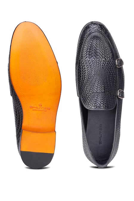 Shop Shutiq Black Herringbone Textured Leather Monk Shoes at Aza Fashions Shop_Shutiq_Black Herringbone Textured Leather Monk Shoes _at_Aza_Fashions