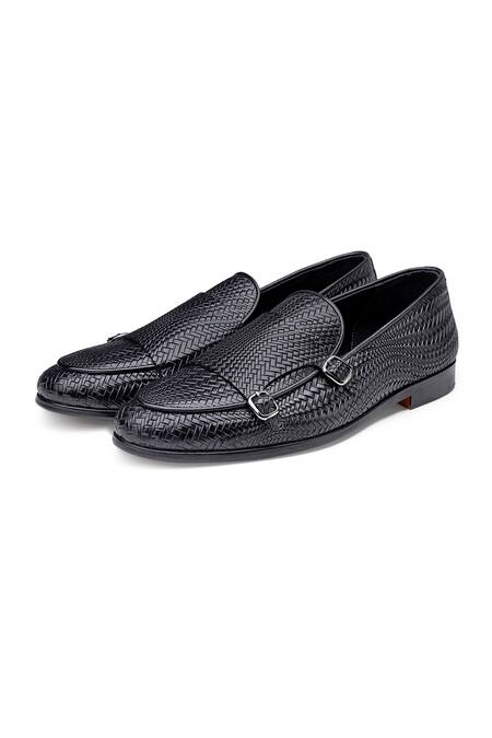 Shutiq Black Herringbone Textured Leather Monk Shoes Online at Aza Fashions Shutiq_Black Herringbone Textured Leather Monk Shoes _Online_at_Aza_Fashions