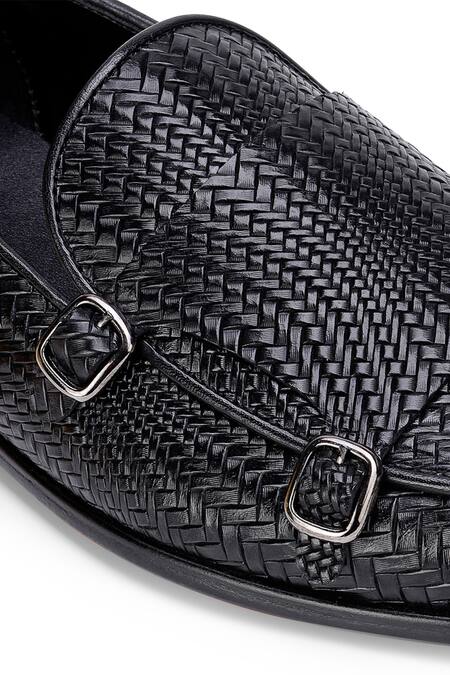 Shop Shutiq Black Herringbone Textured Leather Monk Shoes Online at Aza Fashions Shop_Shutiq_Black Herringbone Textured Leather Monk Shoes _Online_at_Aza_Fashions