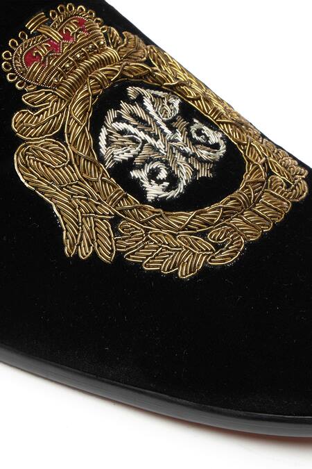 Shop_Shutiq_Black Crown Javar Regal Embroidered Slip On Velvet Shoes _Online_at_Aza_Fashions