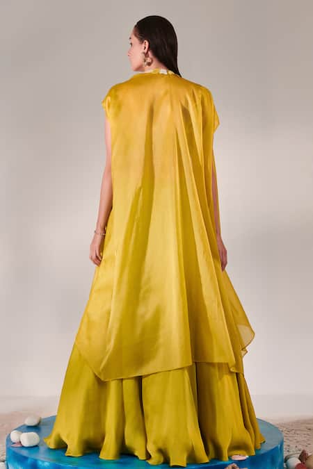 Shop One Knot One By Ashna Yellow Crepe, Satin, Organza Sequins, Cut Work Pattern Border Cape Lehenga Set at Aza Fashions Shop_One Knot One By Ashna_Yellow Crepe, Satin, Organza Sequins, Cut Work Pattern Border Cape Lehenga Set _at_Aza_Fashions