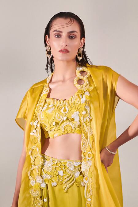 Buy One Knot One By Ashna Yellow Crepe, Satin, Organza Sequins, Cut Work Pattern Border Cape Lehenga Set Online at Aza Fashions Buy_One Knot One By Ashna_Yellow Crepe, Satin, Organza Sequins, Cut Work Pattern Border Cape Lehenga Set _Online_at_Aza_Fashions