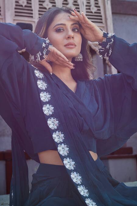 Saangi_Blue Viscose, Crepe Beads V-neck Embroidered Draped Dhoti Pant With Top _Online_at_Aza_Fashions