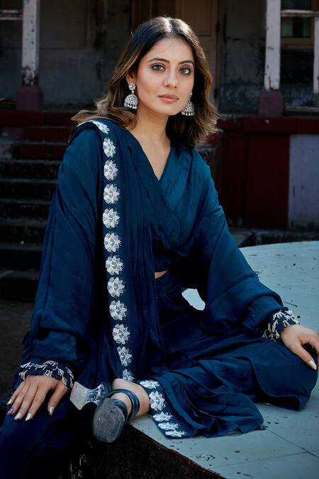 Shop_Saangi_Blue Viscose, Crepe Beads V-neck Embroidered Draped Dhoti Pant With Top _Online_at_Aza_Fashions