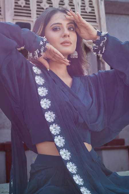 Saangi_Blue Viscose, Crepe Beads V-neck Embroidered Draped Dhoti Pant With Top _at_Aza_Fashions