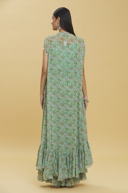 Shop_Basanti - Kapde Aur Koffee_Green Georgette Round Neck Tropical Trees Print Kaftan And Sharara Set _at_Aza_Fashions