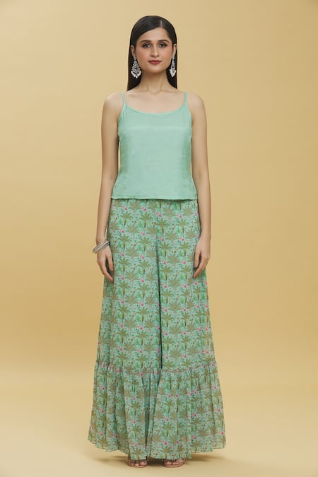 Basanti - Kapde Aur Koffee_Green Georgette Round Neck Tropical Trees Print Kaftan And Sharara Set _Online_at_Aza_Fashions