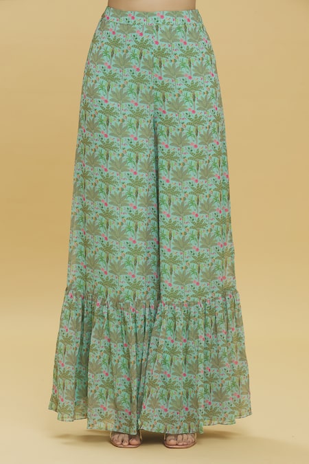 Buy_Basanti - Kapde Aur Koffee_Green Georgette Round Neck Tropical Trees Print Kaftan And Sharara Set _Online_at_Aza_Fashions