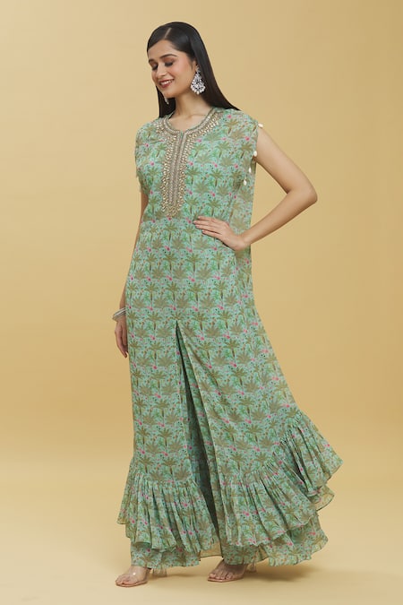 Shop_Basanti - Kapde Aur Koffee_Green Georgette Round Neck Tropical Trees Print Kaftan And Sharara Set _Online_at_Aza_Fashions