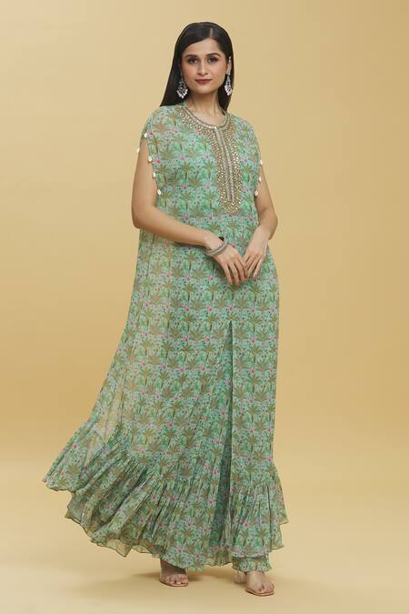 Basanti - Kapde Aur Koffee_Green Georgette Round Neck Tropical Trees Print Kaftan And Sharara Set _at_Aza_Fashions