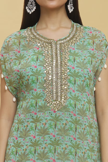 Buy_Basanti - Kapde Aur Koffee_Green Georgette Round Neck Tropical Trees Print Kaftan And Sharara Set 