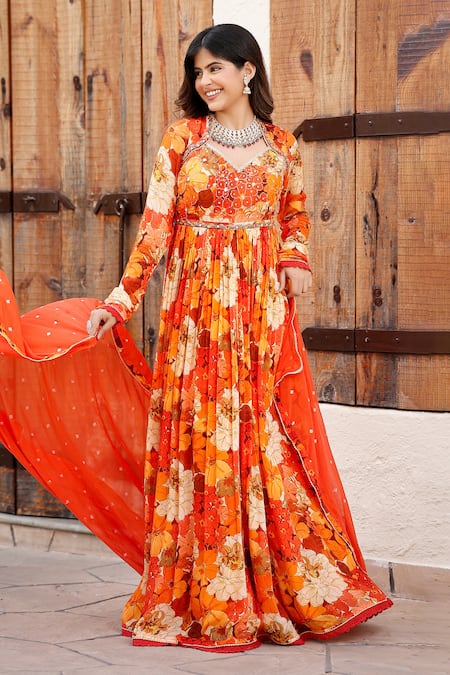 BAIRAAS Floral Blossom Print Anarkali With Dupatta 