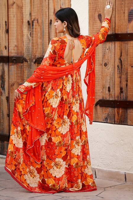 Shop Bairaas Orange Muslin, Organza Sequins, Floral Blossom Print Anarkali With Dupatta at Aza Fashions Shop_Bairaas_Orange Muslin, Organza Sequins, Floral Blossom Print Anarkali With Dupatta_at_Aza_Fashions