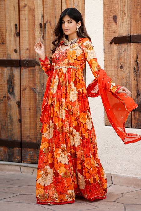Bairaas Orange Muslin, Organza Sequins, Floral Blossom Print Anarkali With Dupatta Online at Aza Fashions Bairaas_Orange Muslin, Organza Sequins, Floral Blossom Print Anarkali With Dupatta_Online_at_Aza_Fashions