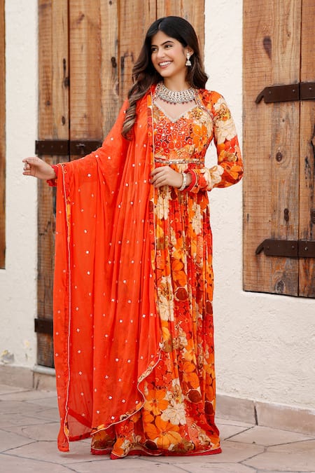 Buy Bairaas Orange Muslin, Organza Sequins, Floral Blossom Print Anarkali With Dupatta Online at Aza Fashions Buy_Bairaas_Orange Muslin, Organza Sequins, Floral Blossom Print Anarkali With Dupatta_Online_at_Aza_Fashions