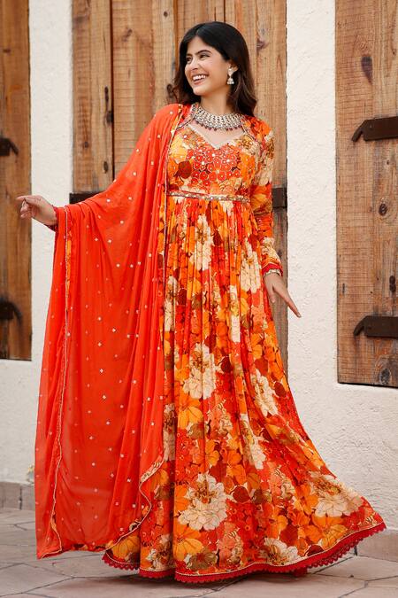 Shop Bairaas Orange Muslin, Organza Sequins, Floral Blossom Print Anarkali With Dupatta Online at Aza Fashions Shop_Bairaas_Orange Muslin, Organza Sequins, Floral Blossom Print Anarkali With Dupatta_Online_at_Aza_Fashions