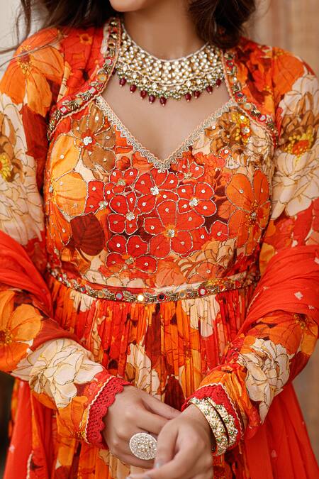 Bairaas Orange Muslin, Organza Sequins, Floral Blossom Print Anarkali With Dupatta at Aza Fashions Bairaas_Orange Muslin, Organza Sequins, Floral Blossom Print Anarkali With Dupatta_at_Aza_Fashions