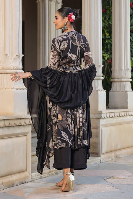 Shop_Bairaas_Black Chiffon, Cotton, Satin Mirrors, Floral Vine Print Anarkali Palazzo Set_at_Aza_Fashions