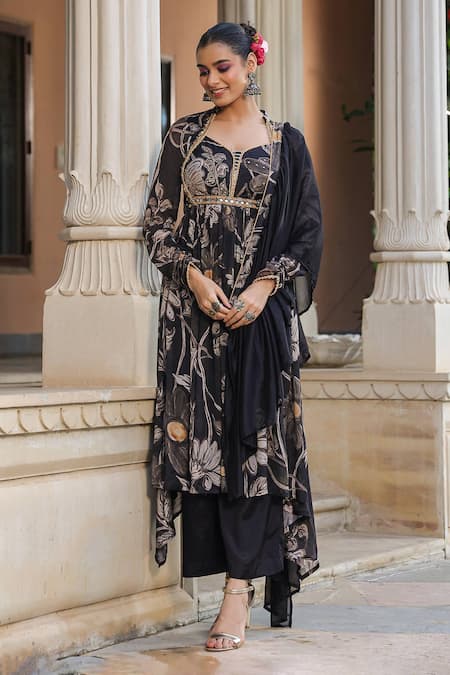 Bairaas_Black Chiffon, Cotton, Satin Mirrors, Floral Vine Print Anarkali Palazzo Set_Online_at_Aza_Fashions