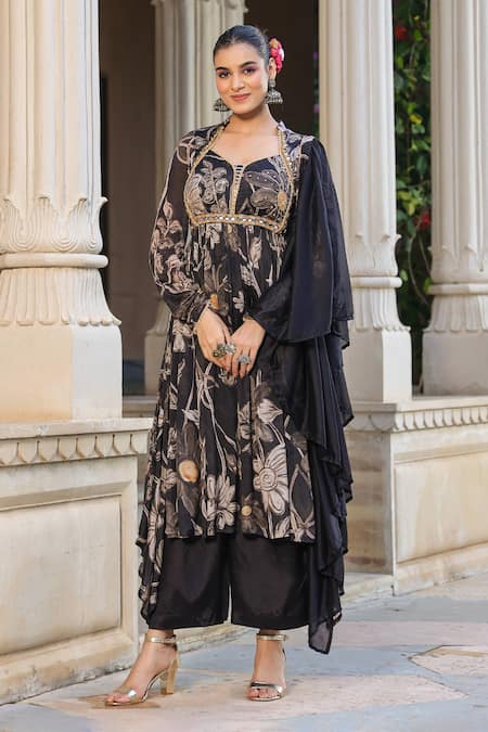 Buy_Bairaas_Black Chiffon, Cotton, Satin Mirrors, Floral Vine Print Anarkali Palazzo Set_Online_at_Aza_Fashions
