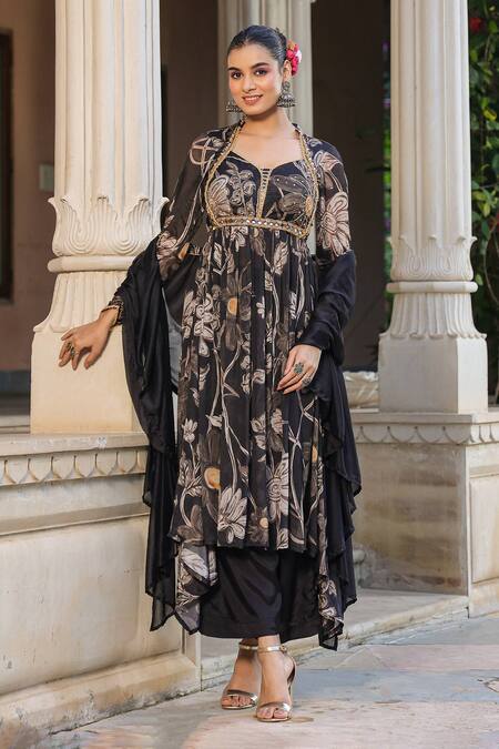 Shop_Bairaas_Black Chiffon, Cotton, Satin Mirrors, Floral Vine Print Anarkali Palazzo Set_Online_at_Aza_Fashions