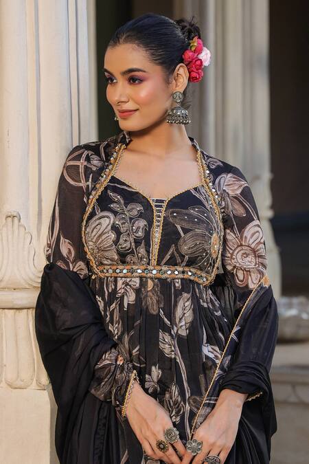 Bairaas_Black Chiffon, Cotton, Satin Mirrors, Floral Vine Print Anarkali Palazzo Set_at_Aza_Fashions