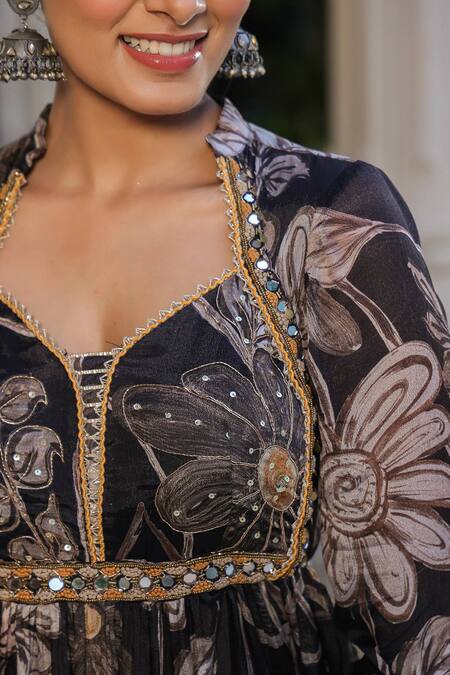 Buy_Bairaas_Black Chiffon, Cotton, Satin Mirrors, Floral Vine Print Anarkali Palazzo Set