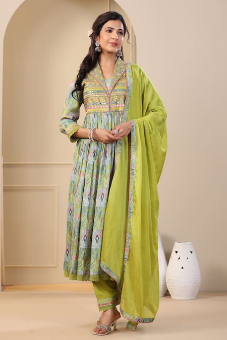 Bairaas_Green Muslin, Chiffon, Cotton, Satin Embellished Printed Anarkali Pant Set_Online_at_Aza_Fashions