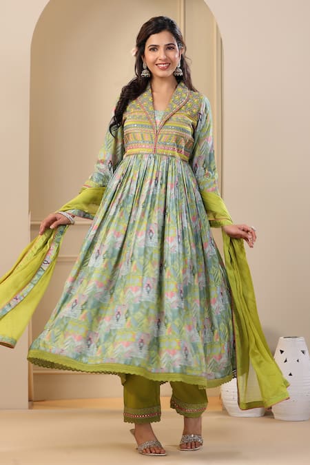 Buy_Bairaas_Green Muslin, Chiffon, Cotton, Satin Embellished Printed Anarkali Pant Set_Online_at_Aza_Fashions