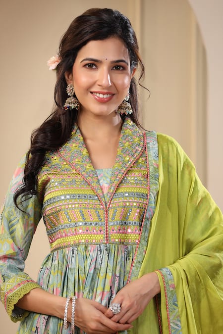 Shop_Bairaas_Green Muslin, Chiffon, Cotton, Satin Embellished Printed Anarkali Pant Set_Online_at_Aza_Fashions